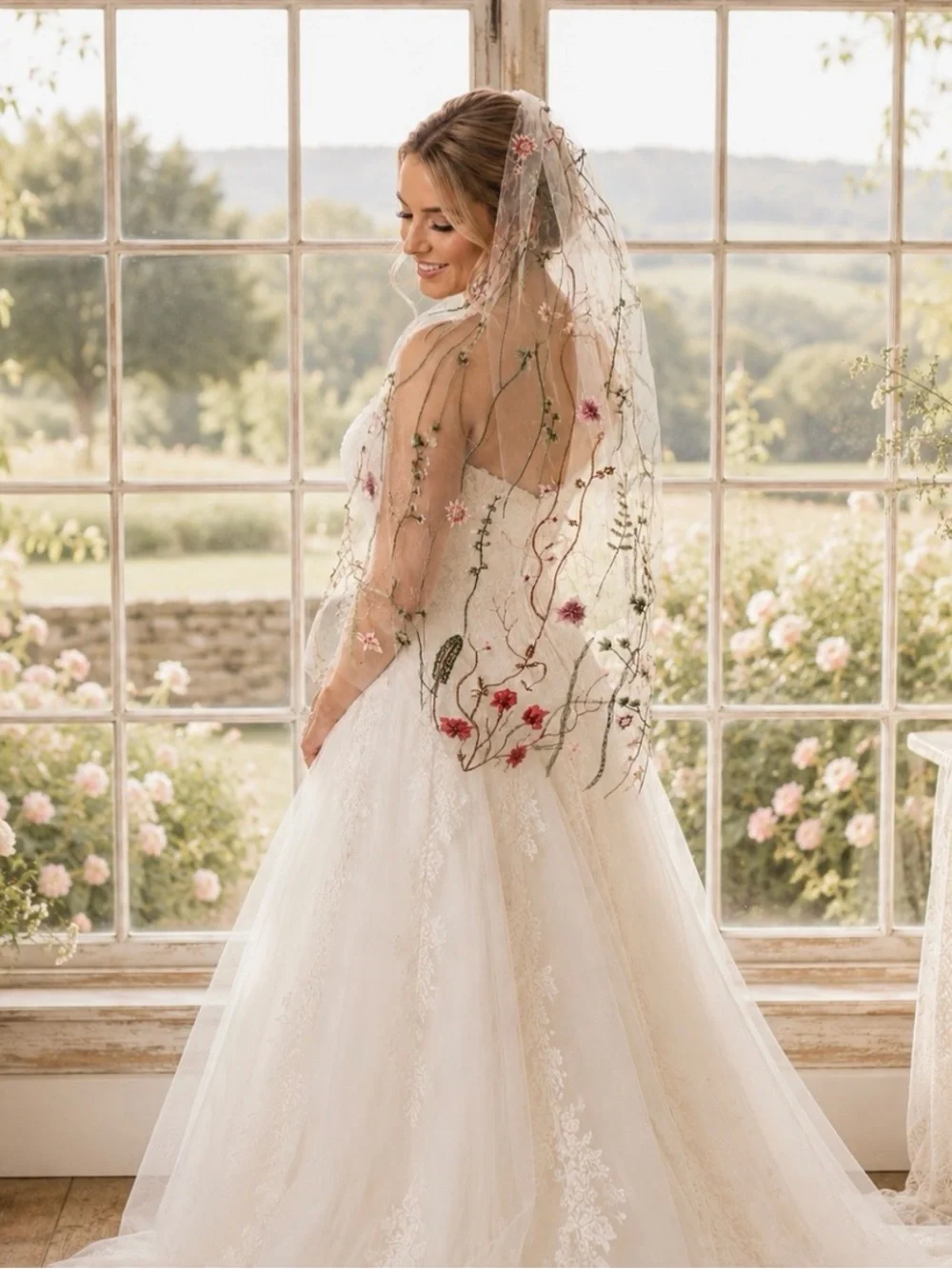 Floral Embroidered Wedding Veil- Single Tier with Metal Comb